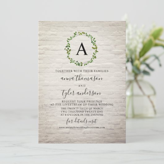 White Brick Wreath Monogram Virtuele bruiloft Kaart (Staand voorkant)