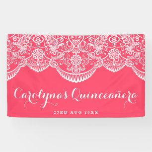 White Brocade Lace Pink Quinceañera Banner