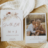 White Brown Boho Floral Arch Save the Date Kaart