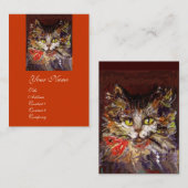 WHITE BROWN KITTY CAT-PORTRATRAT MET RODE RIBBON VISITEKAARTJE (Voorkant / Achterkant)