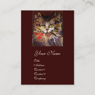 WHITE BROWN KITTY CAT-PORTRATRAT MET RODE RIBBON VISITEKAARTJE