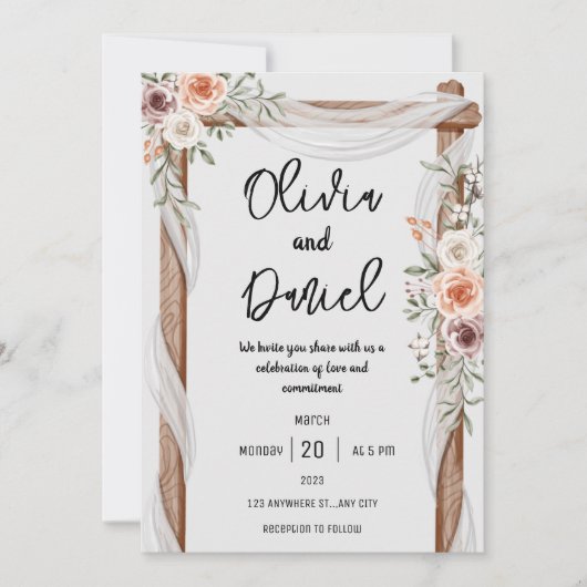 White Brown Rustic Floral Wedding Invitation Kaart (Voorkant)