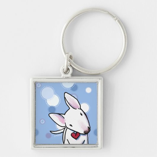 White Bull Terrier op Blue Stippen Sleutelhanger (Voorkant)
