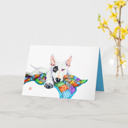 White Bullterrier op Patchwork - Kunst Kaart (Gele Bloem)