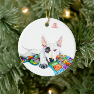 White Bullterrier op Patchwork - Kunst Keramisch Ornament