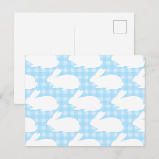 White Bunnies on Pastel Blue Gingham Pattern Briefkaart