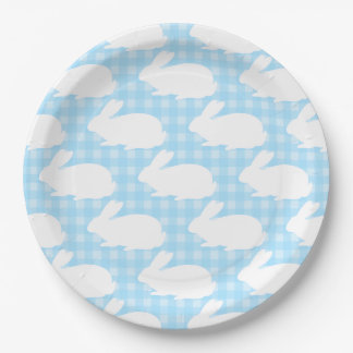 White Bunnies on Pastel Blue Gingham Pattern Papieren Bordje