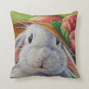 White Bunny Rabbit in Spring Bonnet Waterverf Art Kussen
