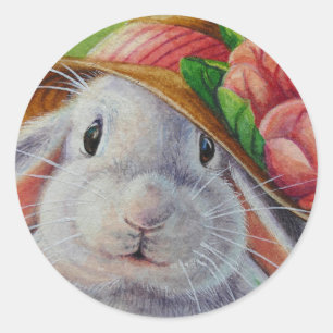 White Bunny Rabbit in Spring Bonnet Waterverf Art Ronde Sticker