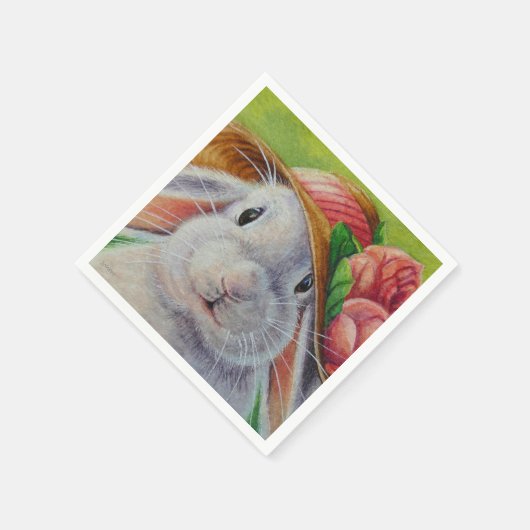 White Bunny Rabbit in Spring Bonnet Waterverf Art Servet (Hoek)