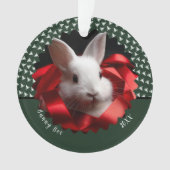 White bunny with red ribbon on green holiday  ornament (voorkant)