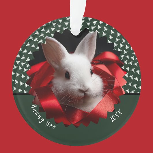 White bunny with red ribbon on green holiday ornament