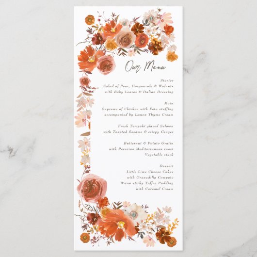 White Burnt Oranje Floral Lijst Bouquet Wedding Menu (Voorkant)