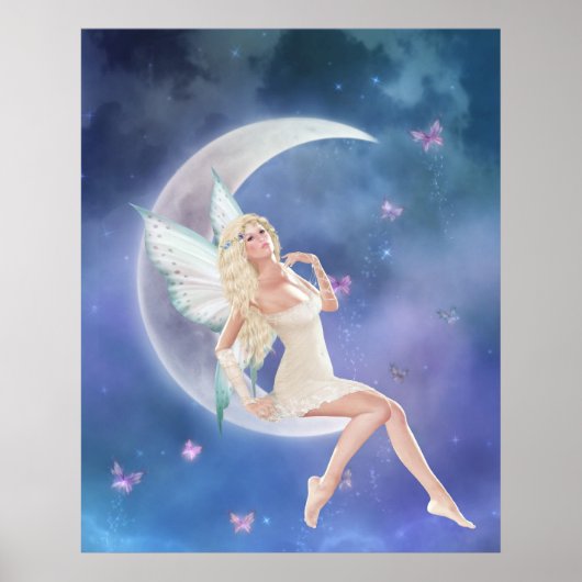 White Butterfly Fairy Moon Poster Print (Voorkant)