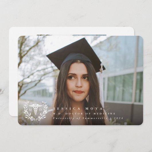 White Caduceus MD Doctor in de Afstuderen Aankondiging (Voorkant / Achterkant)