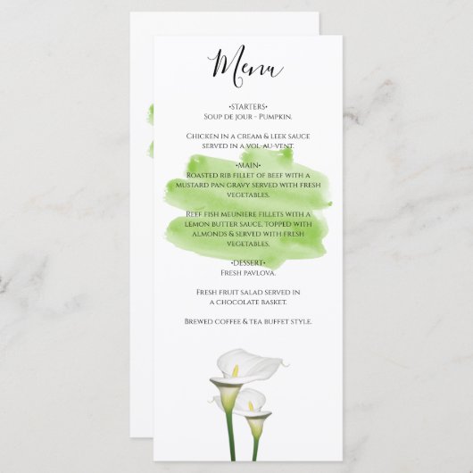 White Calla Lilies Waterverf Wedding Menu (Voorkant / Achterkant)