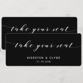 White Calligraphy Wedding Take Your Seat Top Kaart (Voorkant / Achterkant)
