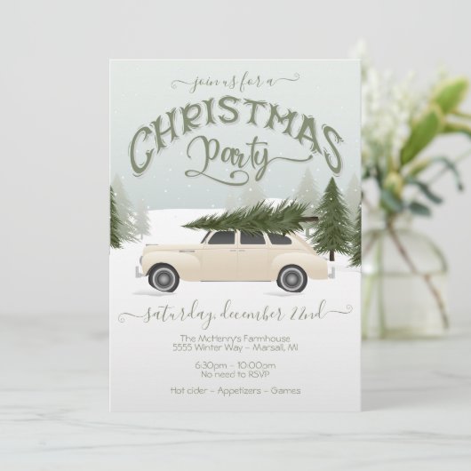 White Car Chistmas Tree Party Kaart (Staand voorkant)