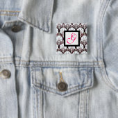 WHITE CARNATIONS DAMASK MONOGRAM roze fuchsia Vierkante Button 5,1 Cm (In situ)