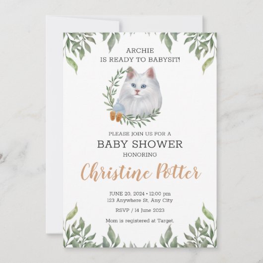 White Cat Blue Eyes Greenery Boho Baby shower Kaart (Voorkant)