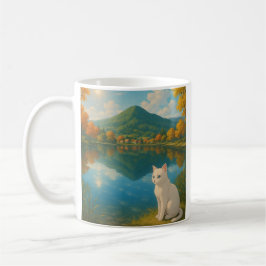 White Cat by the Lake – Serene Natuur Mok voor kat