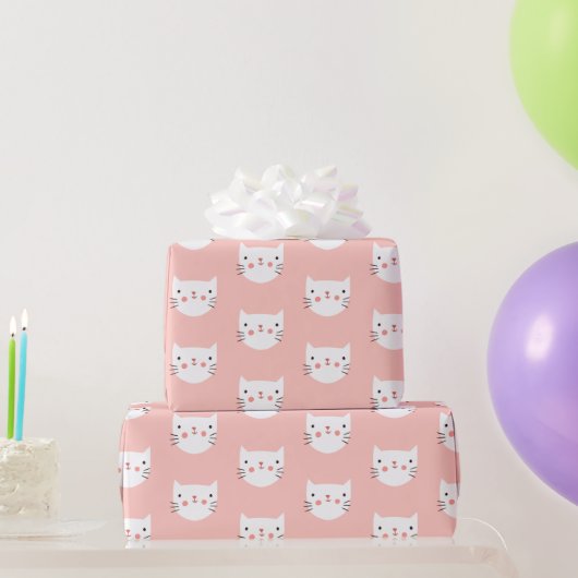 White Cat Cute Pink Cadeaupapier (Feestgeschenken)