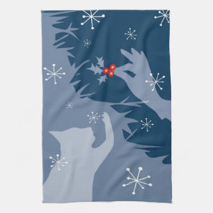 White Cat & Holly, middernacht blauw, theehanddoek Theedoek