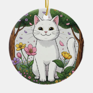 White Cat in a Colorful Garden Keramisch Ornament