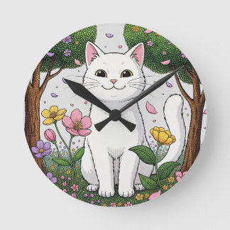 White Cat in a Colorful Garden Ronde Klok