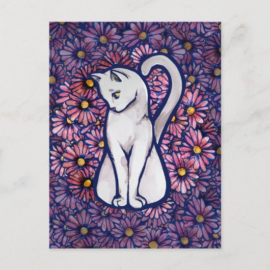 White Cat Mauve Daisies Briefkaart (Voorkant)