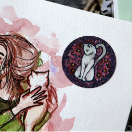 White Cat Mauve Daisies Ronde Sticker