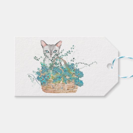 White Cat met Blue Flower Basket Easter Gift Label Cadeaulabel (Voorkant (Horizontaal))