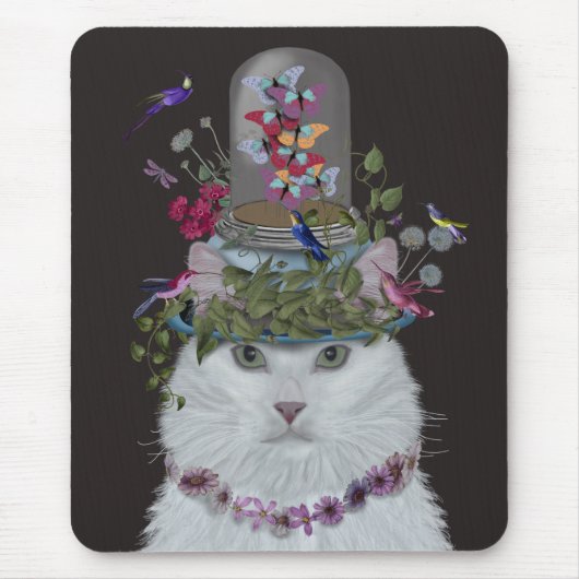 White Cat met Butterfly Bell Jar Muismat (Voorkant)