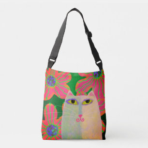 White Cat met Flowers Abstracte Art Crossbody Tas