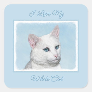 White Cat Painting - Cute Original Cat Art Square Vierkante Sticker