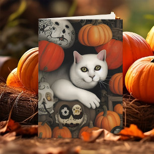 White Cat Pumpkins Calavera Artistic Halloween Feestdagen Kaart