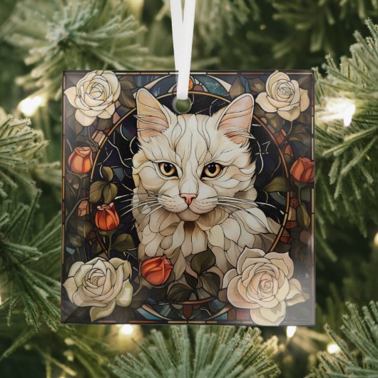 White Cat Rose Mosaic Stained Glas Ornament (Insitu)