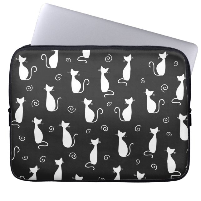 White Cats Pattern op Black Laptop Sleeve (Voorkant)