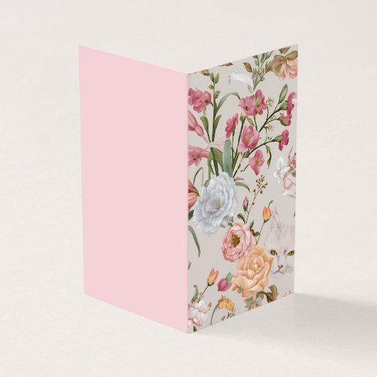 White Cats Pink Roses Floral Flat Thank You Card (Outside)