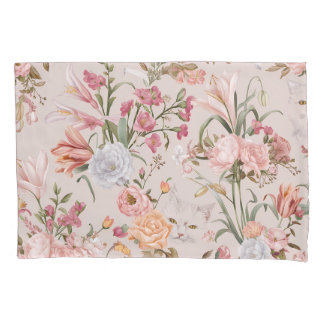 White Cats Pink Roses Floral  Kussensloop