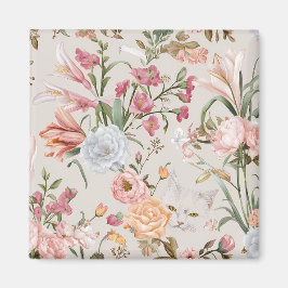 White Cats Pink Roses Floral Magneet