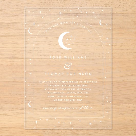 White Celestial Arched Wedding Invitation Acryl Uitnodigingen (Voorkant)