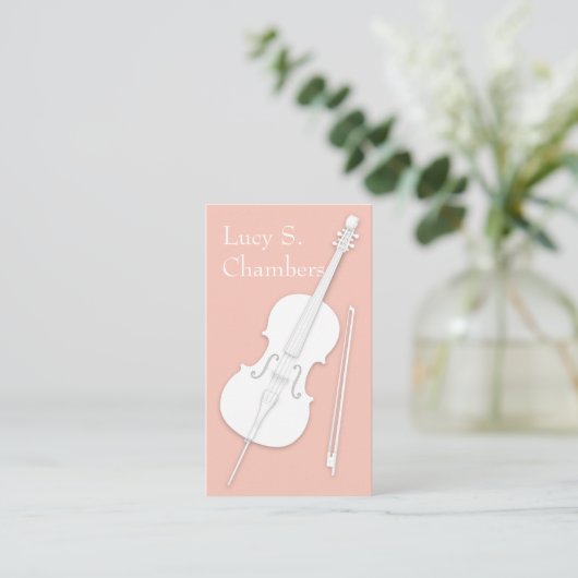 White Cello & Bow Peach roze String Player Visitekaartje (Staand voorkant)
