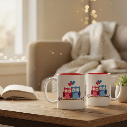 White Ceramic Mug with Romantic Owl Couple