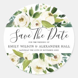 White Champagne Floral Wedding Save the Date Ronde Sticker