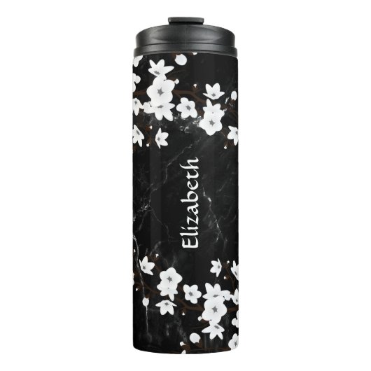 White Cherry Blossom Black Marble Monogram Thermosbeker (Voorkant)