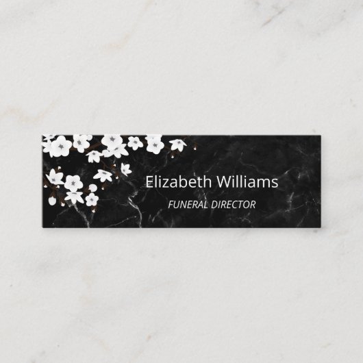 White Cherry Blossom Black Marble QR Code Mini Visitekaartje (Voorkant)
