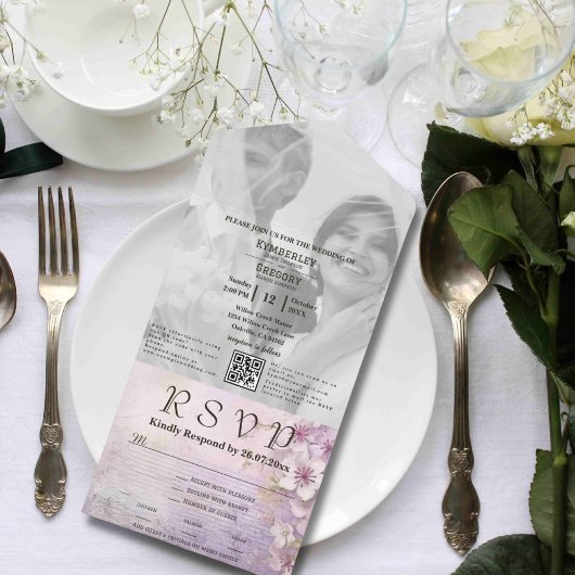 White Cherry Blossom Mauve Foto QR Code Website All In One Uitnodiging