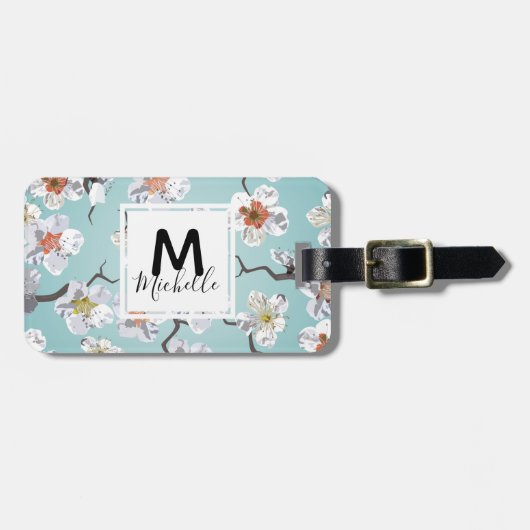 White Cherry Blossom Monogram Name Bagagelabel (Voorkant horizontaal)