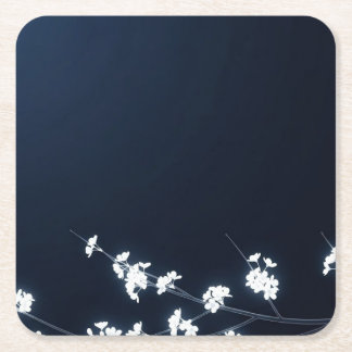 White Cherry Blossom Navy Background Vierkante Kartonnen Onderzetter